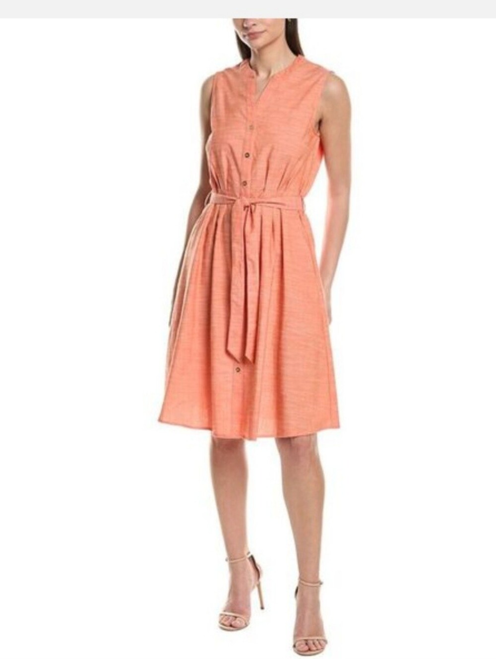 Sleeveless Coral Linen Style Dress with Self-Tie Waist